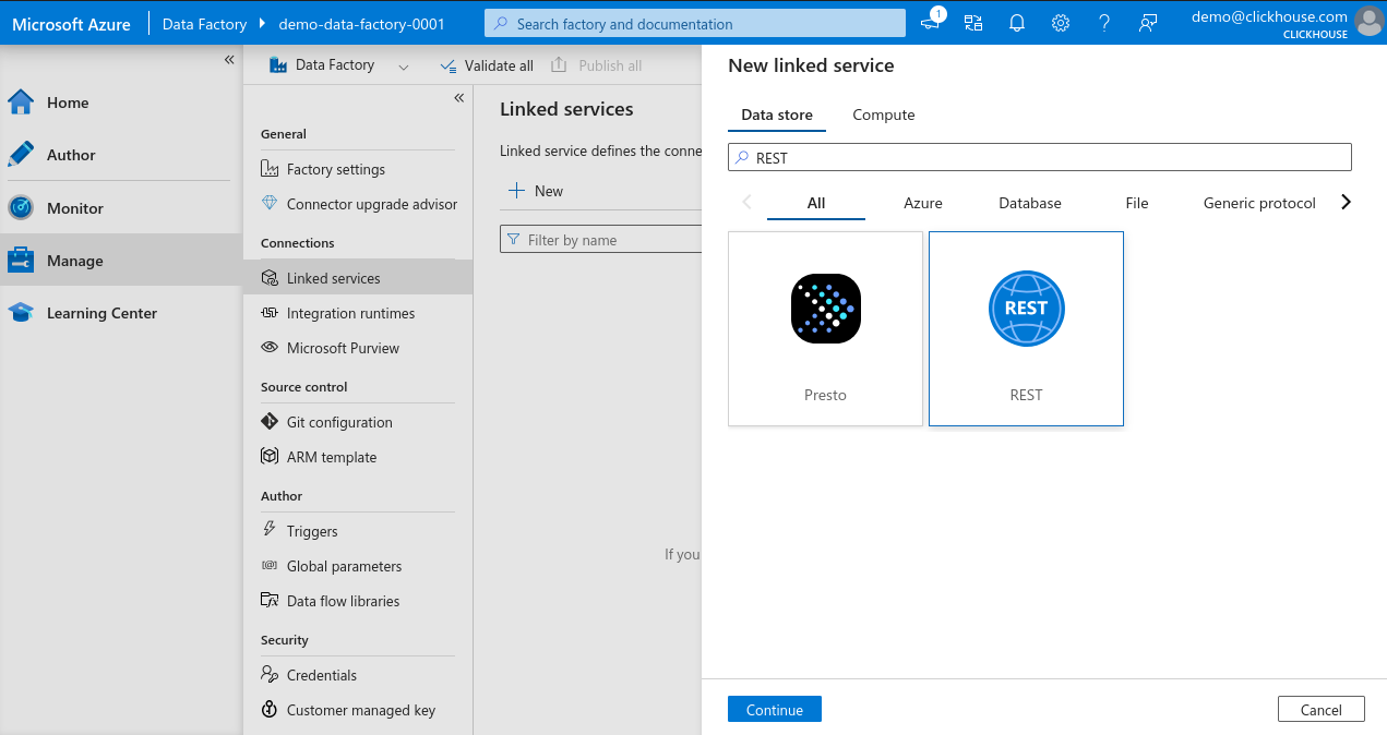 Azure Data Factory New Linked Service Search