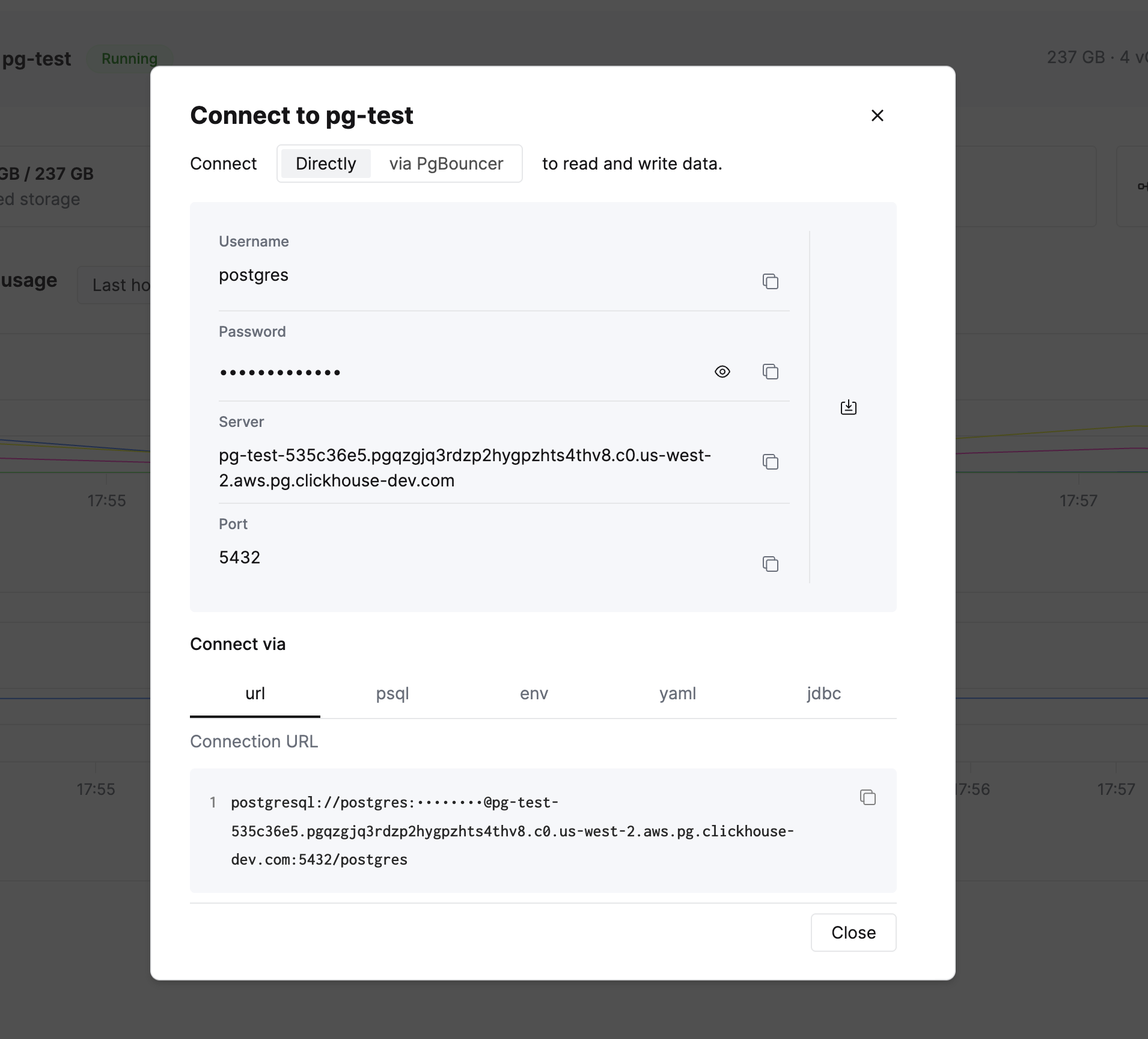 Connection modal showing credentials and connection string formats