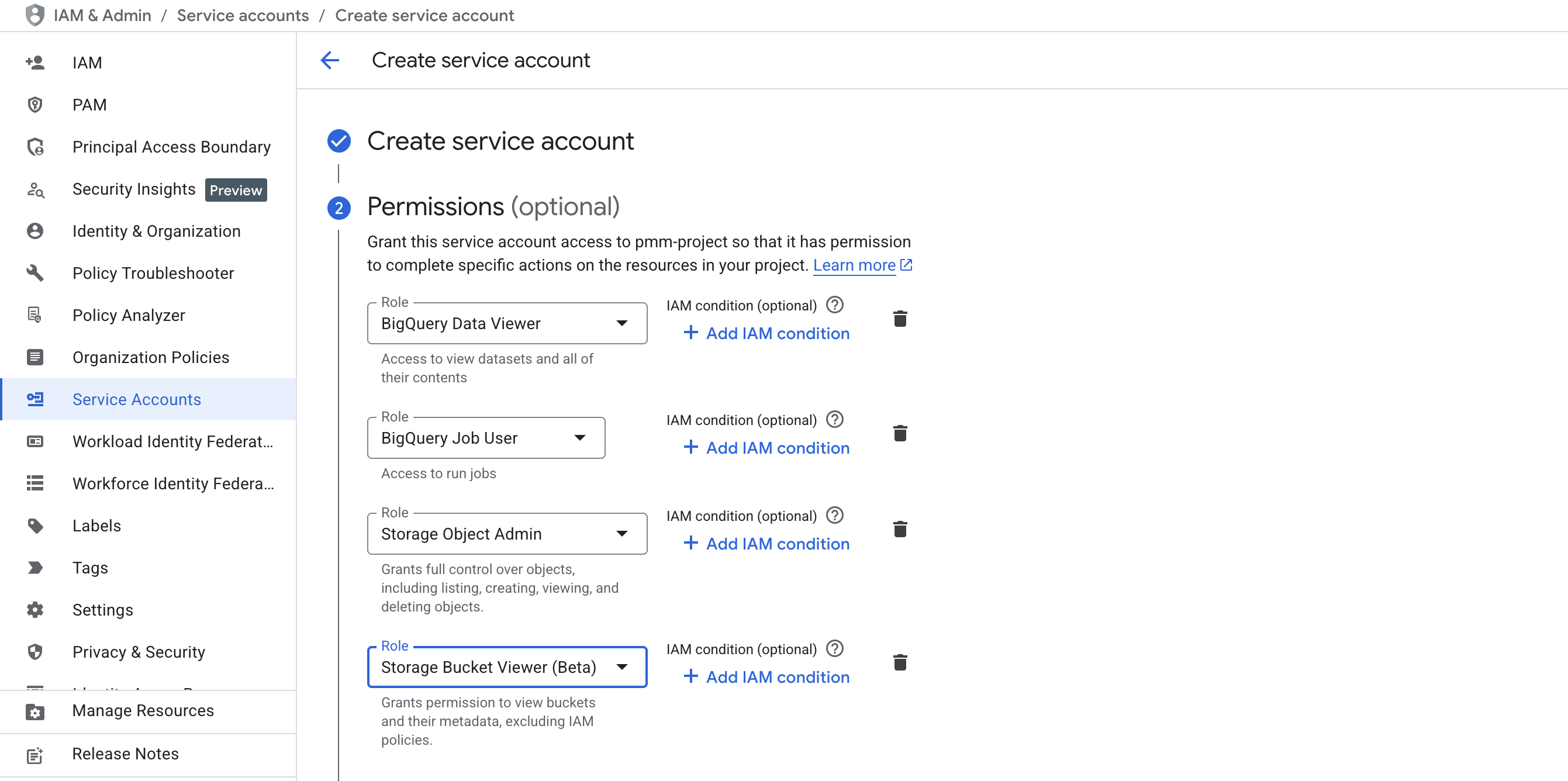 Creating a service account key with BigQuery and Cloud Storage permissions