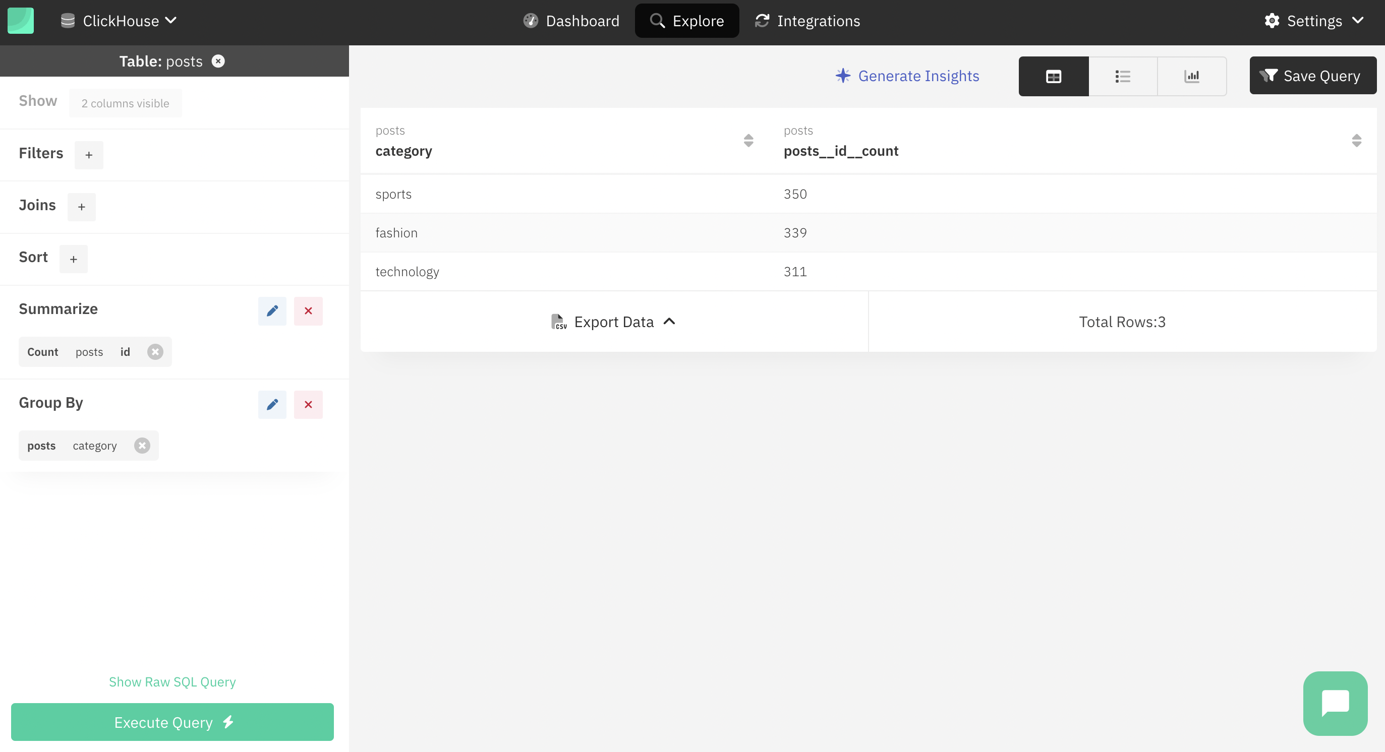 Draxlr data exploration interface showing filters and sorting options