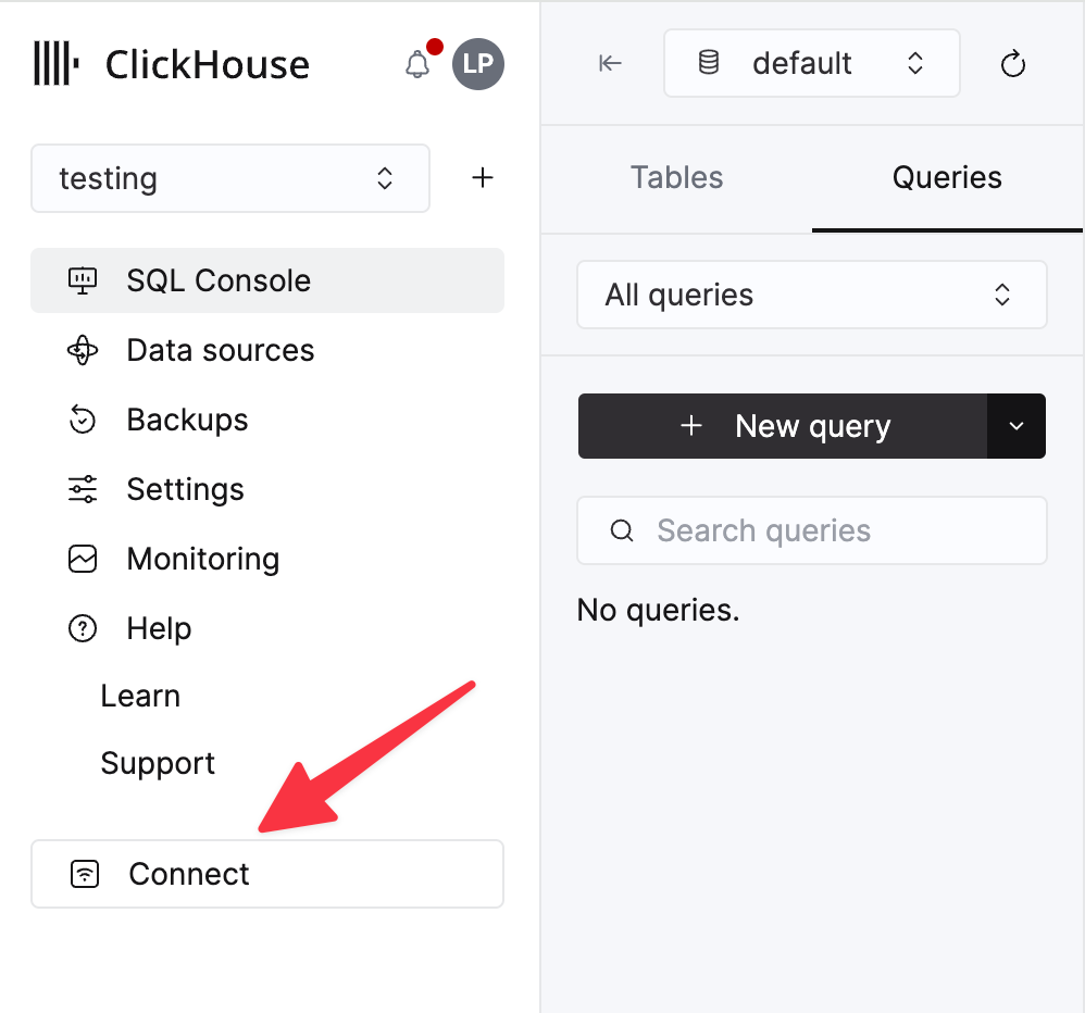 Location of the Connect button in the ClickHouse Cloud console