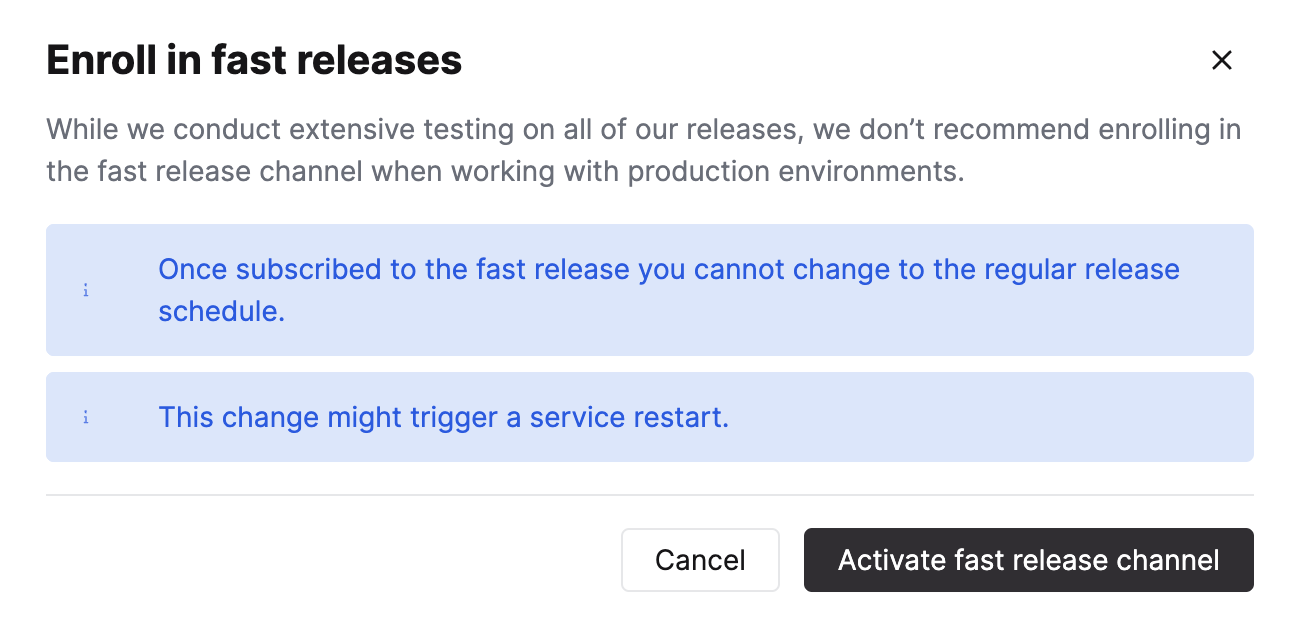 ClickHouse Cloud settings page showing the option to enroll in fast releases
