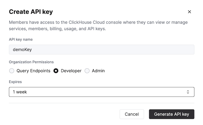 Create API key form