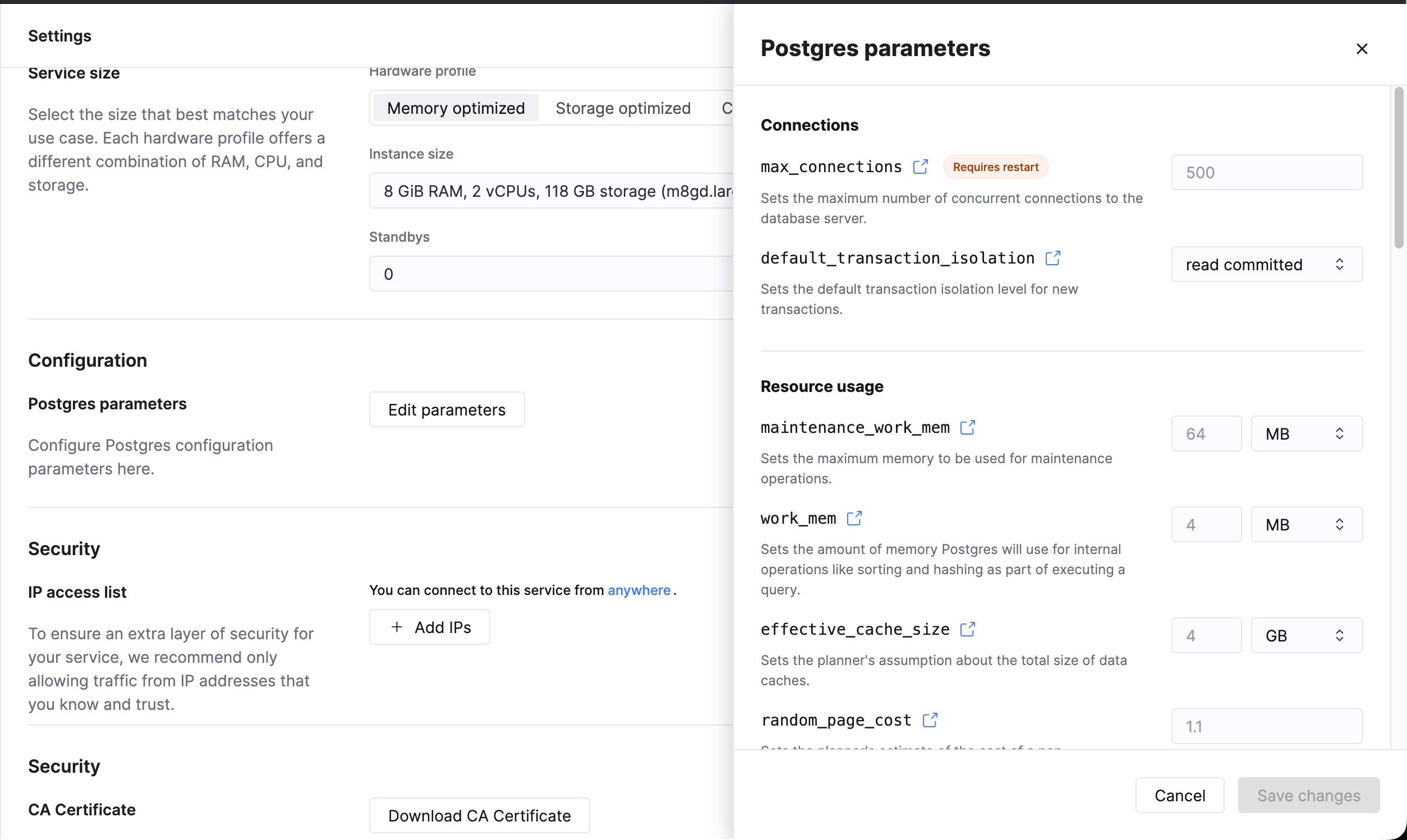 Postgres parameters configuration