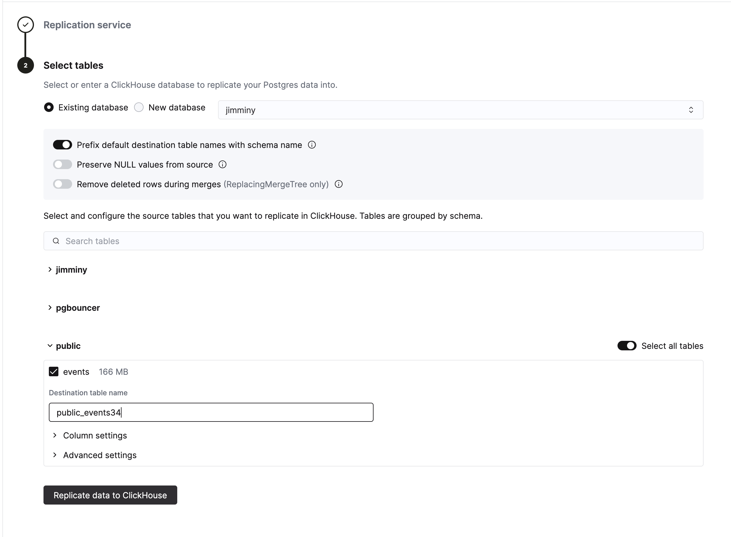 Select tables step showing database selection, replication options, and table picker grouped by schema