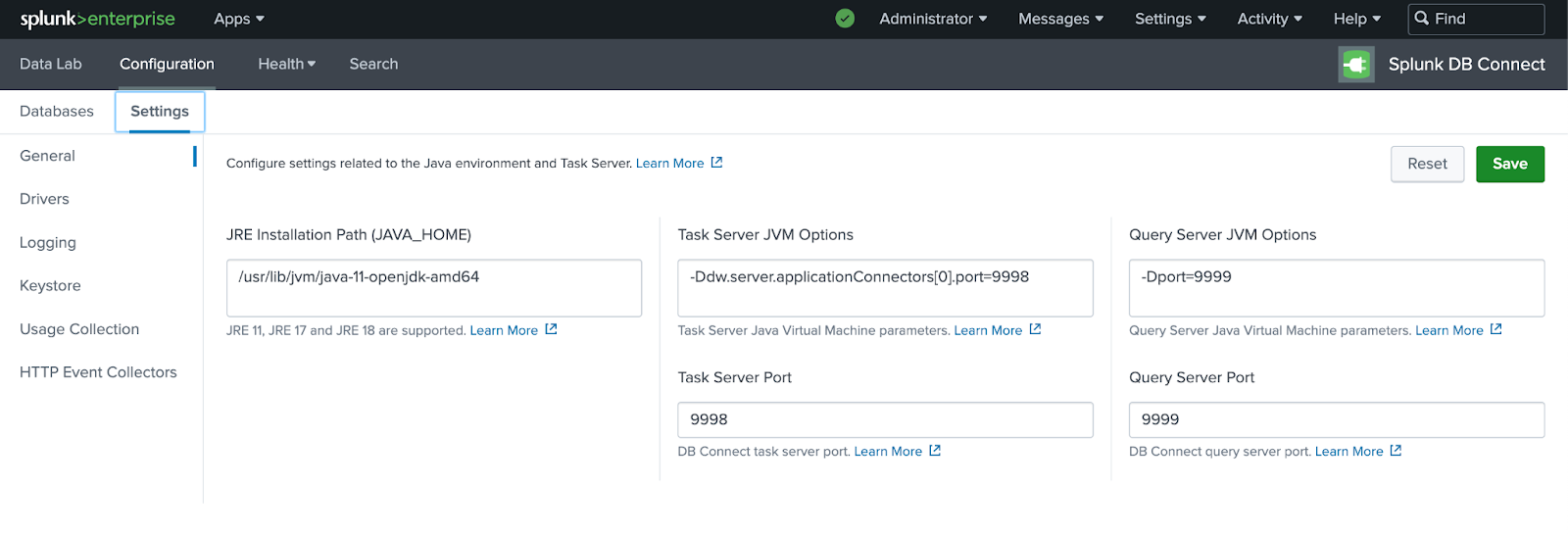 Splunk DB Connect settings page showing Java Home configuration
